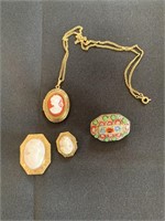 3 Cameo Style Pins and a Cameo Style Necklace