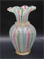 Italian Murano glass vase, Latticino with ruffled