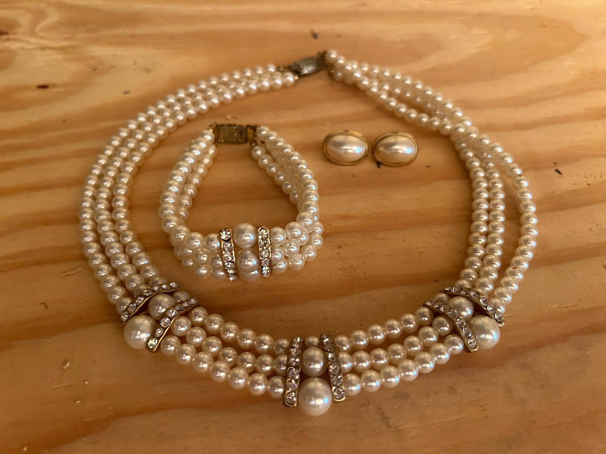 Faux Pearl Set - (3pc) Necklace, Bracelet, Clip-on