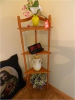 WOODEN CORNER SHELF WITH CONTENTS