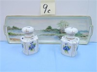 19" Austria Hand Painted Tray & Pair of Lefton -