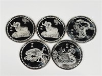 5 Silver Plate Chinese Zodiac / Blessing Coins