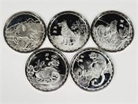 5 Silver Plate Chinese Zodiac / Blessing Coins