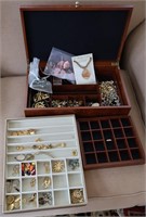 Burlwood Style Jewelry Box w/Costume Jewelry
