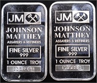 (2) 1 OZ .999 SILVER JOHNSON MATTHEY BARS