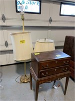 28" TALL WOODEN CHEST OF DRAWERS, LAMP TABLE,
