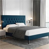 Faux Leather Upholstered Platform Bed Blue Queen