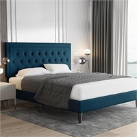 Faux Leather Upholstered Platform Bed Queen Blue