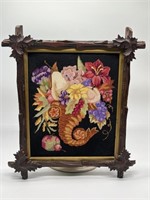 Antique Carved Black Forest Frame w/ Needlework