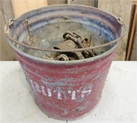 Red Metal Bucket with Misc Chains and More