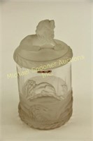 VICTORIAN GLASS COVERED JAR WITH LION FINIAL