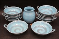Asian Crackle Blue Sushi Bowls & Soy Holder