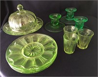 Vintage Uranium Colonial Dishes & 3 Candle Holders