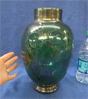 silver overlay green glass vase - 11inch tall