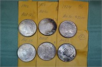 6 US Peace type silver dollars: (2) 1922, (2) 1923