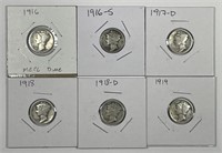 Six Different Mercury Silver Dimes From The Teens