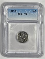 1921-D Mercury Silver Dime Key Date Fine ICG F12