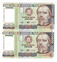 Peru 100,000 INTIS Replacement (1989) UNC x 2.RP10