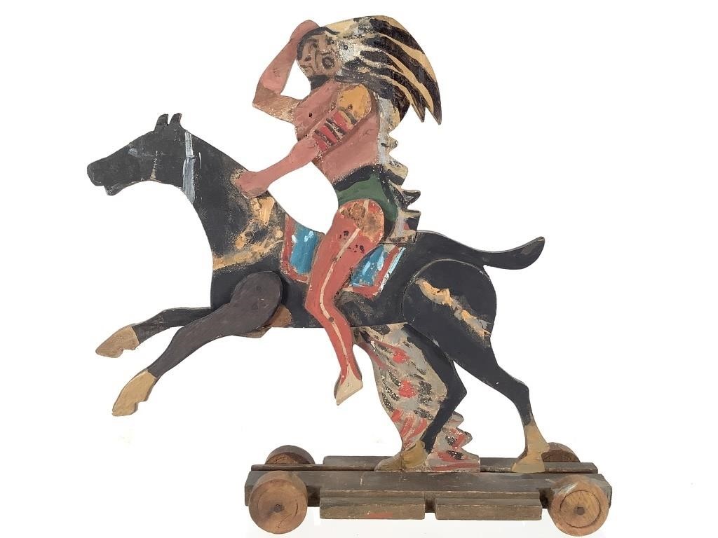 Hand Painted Wood Indian on Horseback Pull Toy 11"