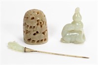 GROUP OF THREE CARVED CHINESE HARDSTONE OBJECTS