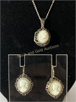 Sterling Silver Cameo Earrings & Necklace