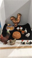 Assorted chicken and rooster and vintage saucer