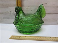 HEN ON NEST LARGE GREEN GLASS