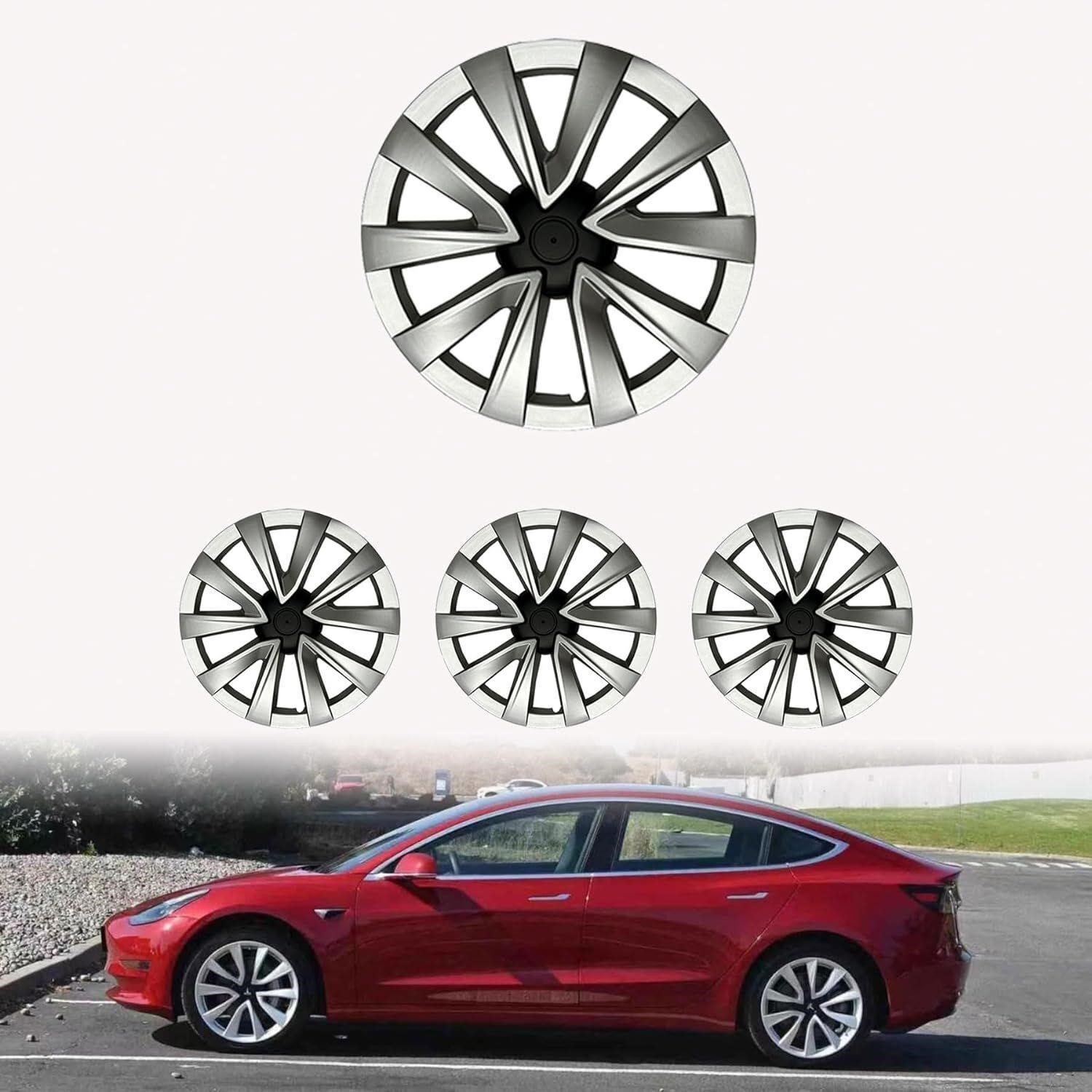 Tesla 3 Wheel Covers 18" Arachnid Matte Silver 4PC