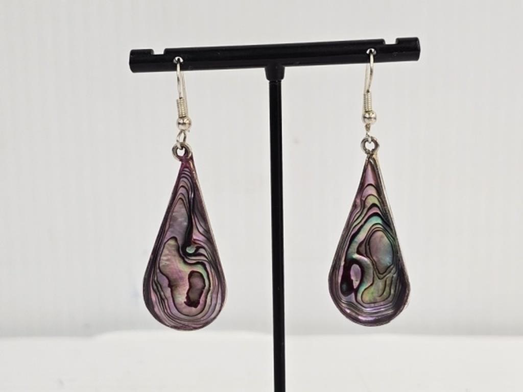 STERLING & ABALONE EARRINGS - 2" LONG - 7.89 GRAMS