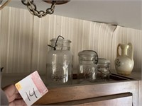 Misc Glass,Jars, Items on top Shelf