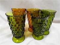 (3) Avocado Green Indiana Cubist Glasses & (2)