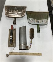 Metal dustpans, wood bird knocker, exhaust tip