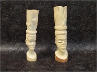 Two African Carved Ivory Figures w/ Head Pieces