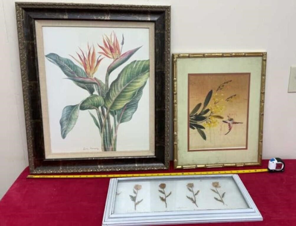 Framed Dried Flowers & Framed P. Chan Painting