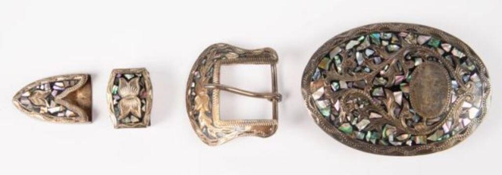 4 Mexican Silver & Mother of Pearl Belt Pieces.
