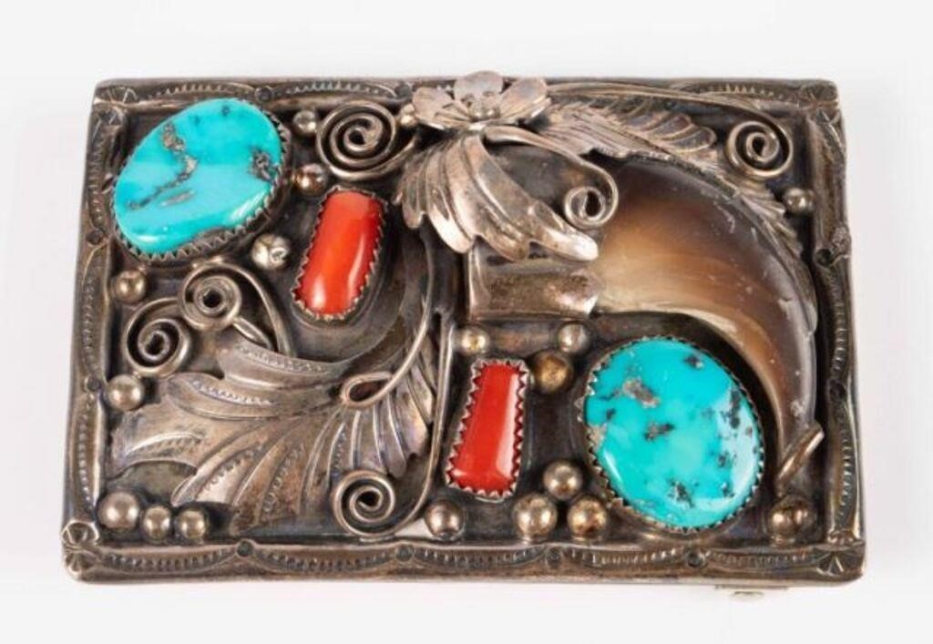 Navajo ? Silver, Turquoise & Coral Belt Buckle.