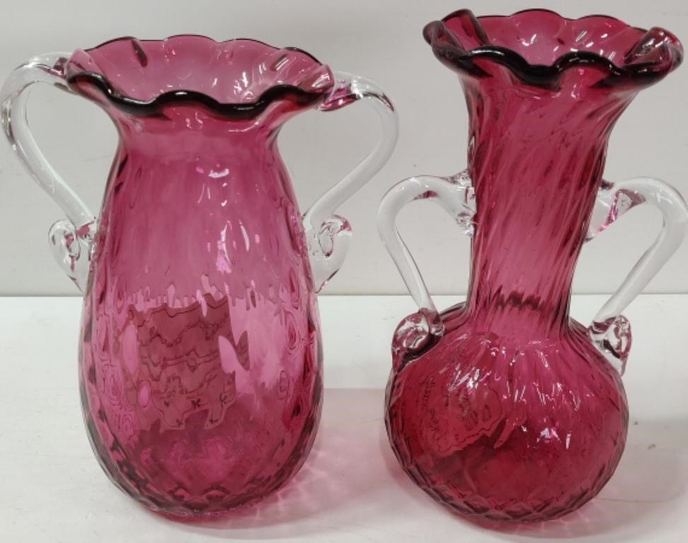 2 Cranberry 2 Handle Vases
