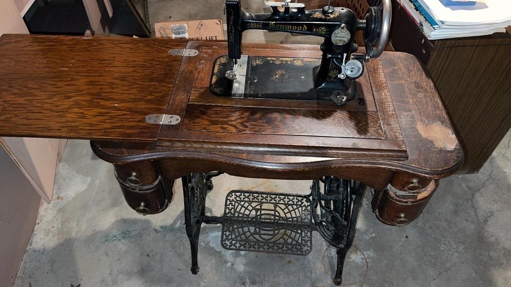 Vintage sewing machine in cabinet in basement