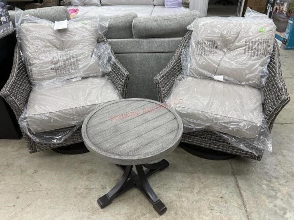 NEW 3PC SUNBRELLA PATIO SET, 2 SWIVAL CHAIRS AND