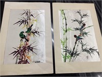 (2) vintage signed birds on silk paintings