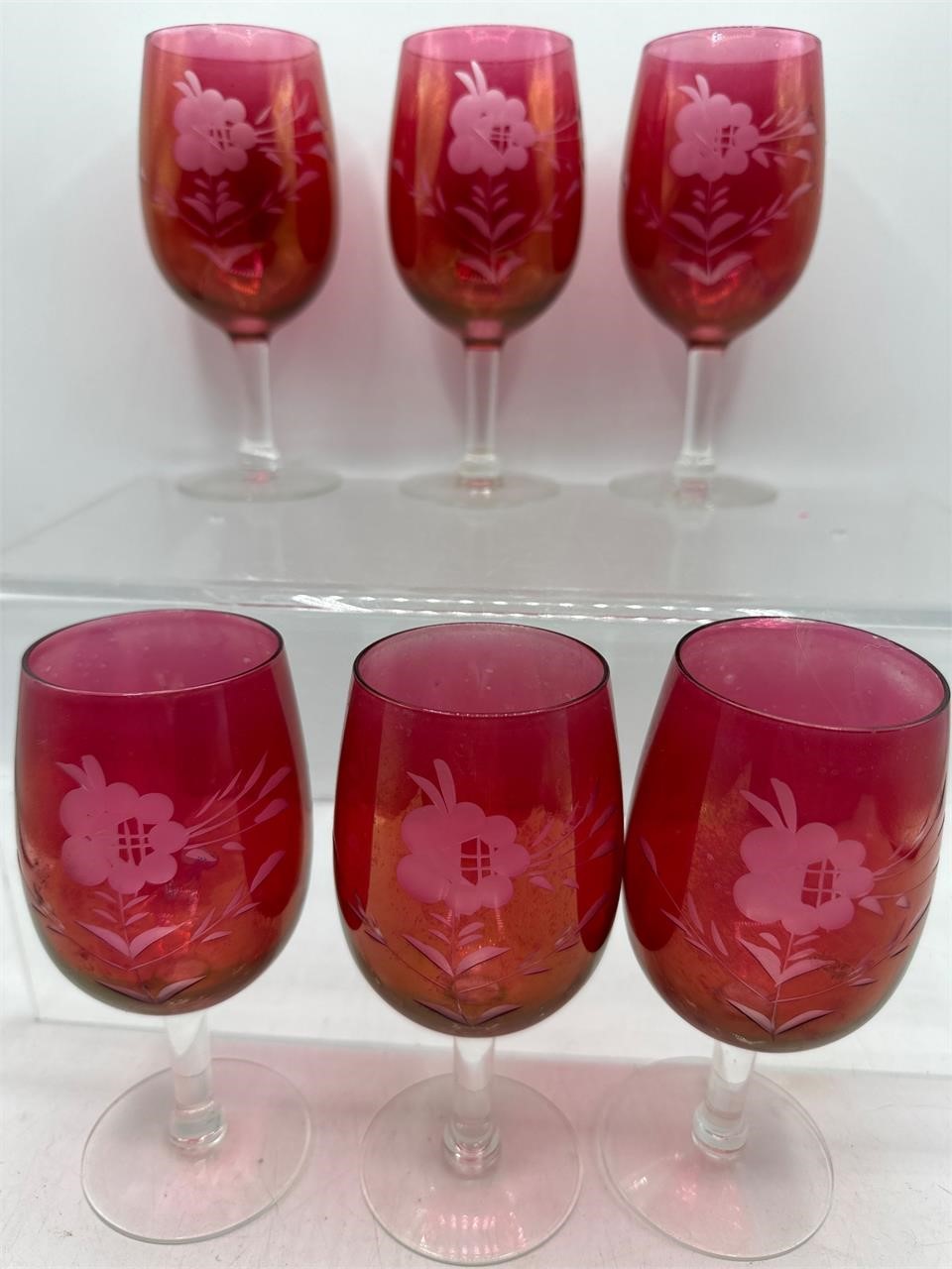 Vintage etched cranberry wine glasses