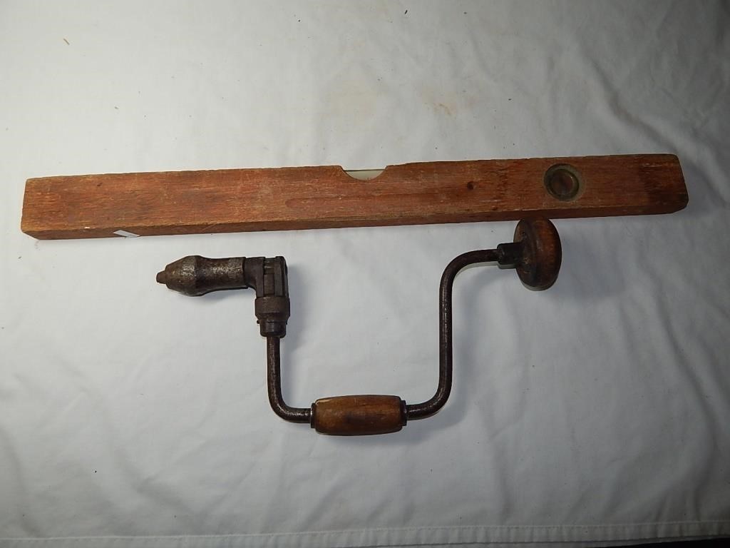 Vintage Wood Level and Hand Drill Brace