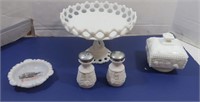 Milk Glass Lot-Pedestal Dish, Salt & Pepper, and