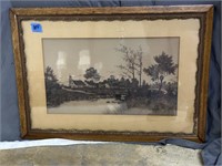 Pencil Drawing of farm in tiger oak frame - 24" x