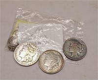 3 Silver Dollars; (8) 90% Dimes