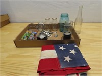 American flag, molds. Milk bottles, canning jars.