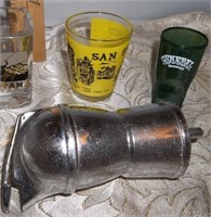 Vtg Stainless Liquor Pour & Souvenir Shot Glasses