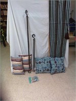 4 decorative pillows, 2 curtain rods, curtain