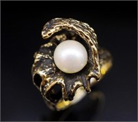 Modernist yellow gold & pearl ring