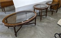 3 PC BEVELED GLASS COFFEE AND END TABLE SET OVAL